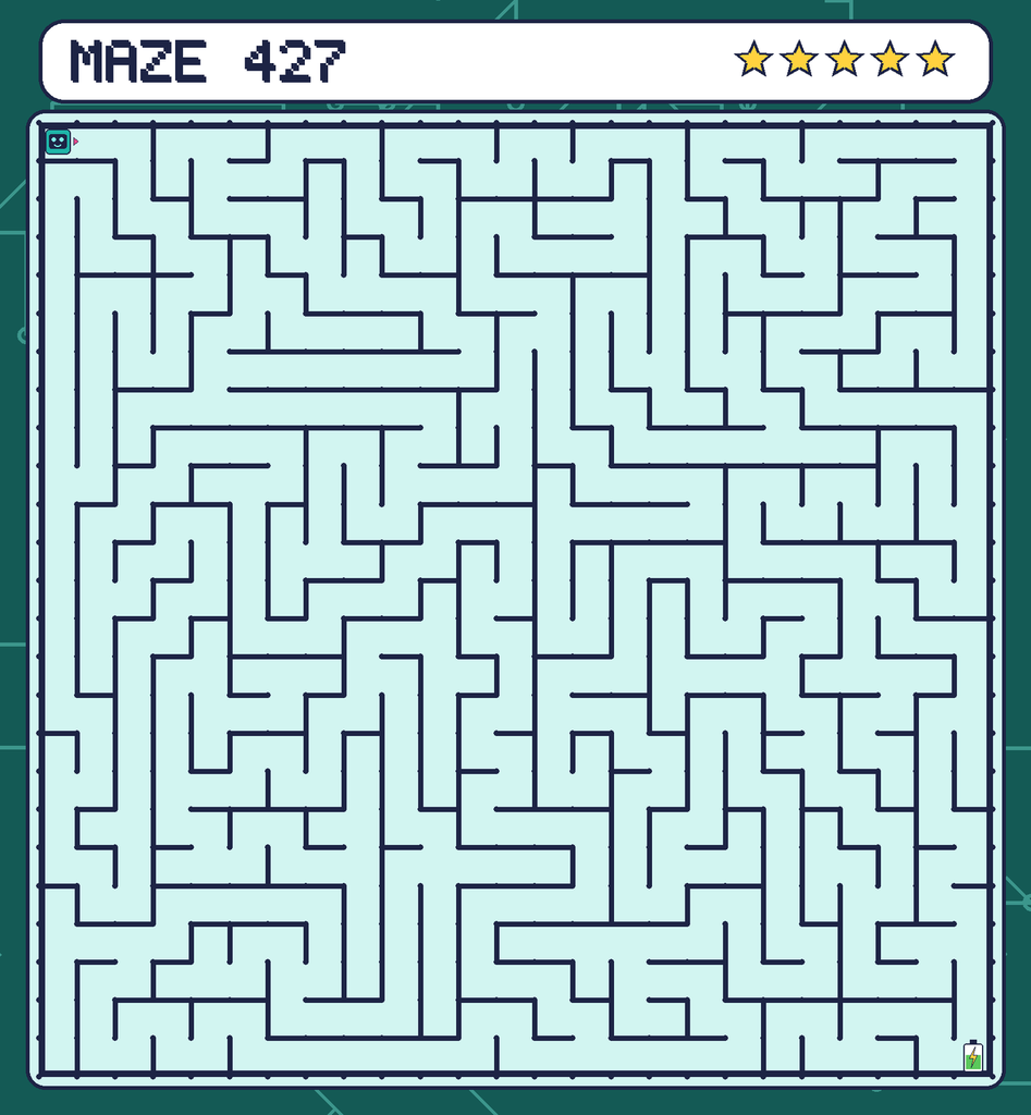 Maze 427. Beep starts in the top-left corner. The battery is in the bottom-right corner.