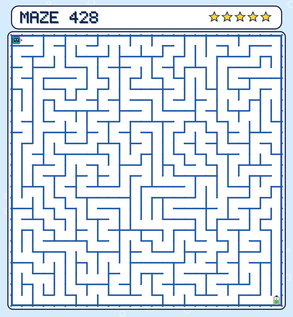 Maze 428. Beep starts in the top-left corner. The battery is in the bottom-right corner.