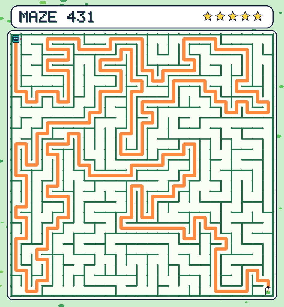 The solved maze 431 with the route drawn as an orange line.