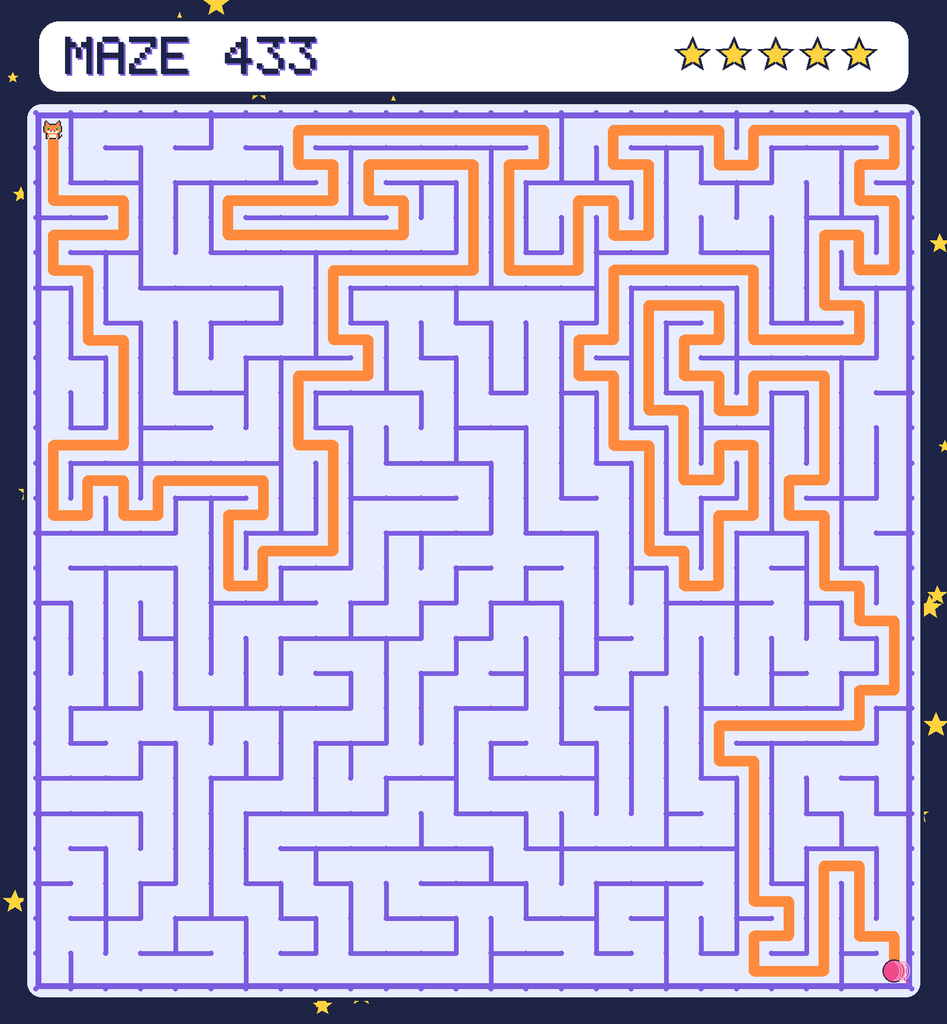The solved maze 433 with the route drawn as an orange line.