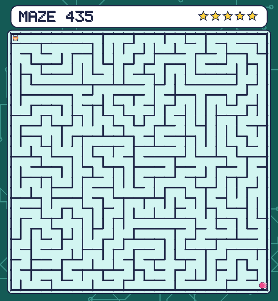Maze 435. Pixel starts in the top-left corner. The ball of yarn is in the bottom-right corner.
