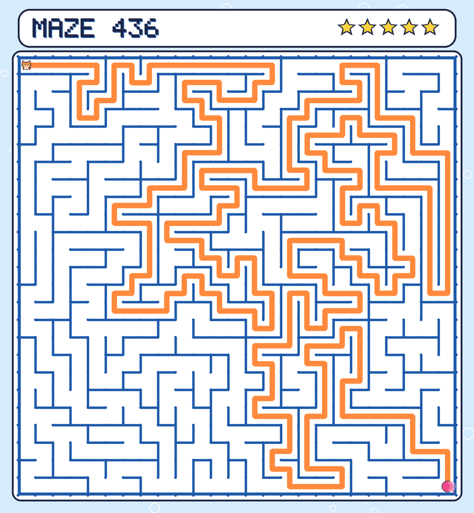 The solved maze 436 with the route drawn as an orange line.