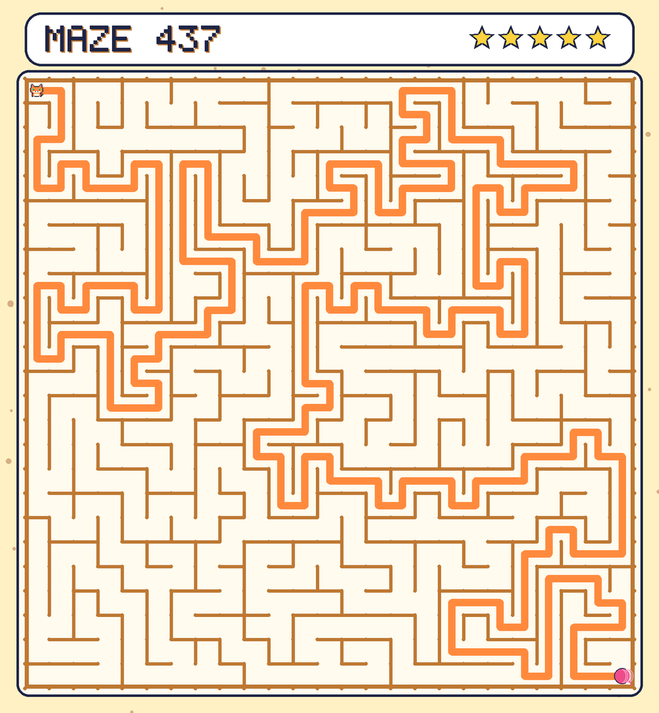The solved maze 437 with the route drawn as an orange line.