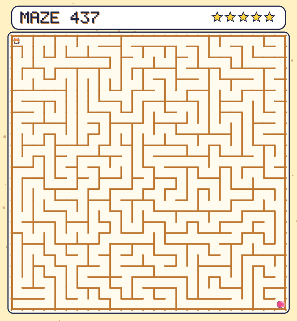 Maze 437. Pixel starts in the top-left corner. The ball of yarn is in the bottom-right corner.