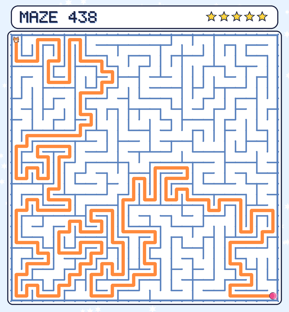 The solved maze 438 with the route drawn as an orange line.