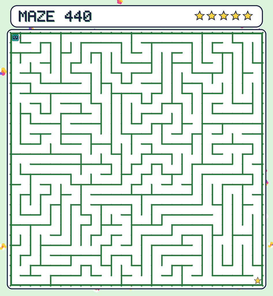 Maze 440. Beep starts in the top-left corner. The gold star is in the bottom-right corner.