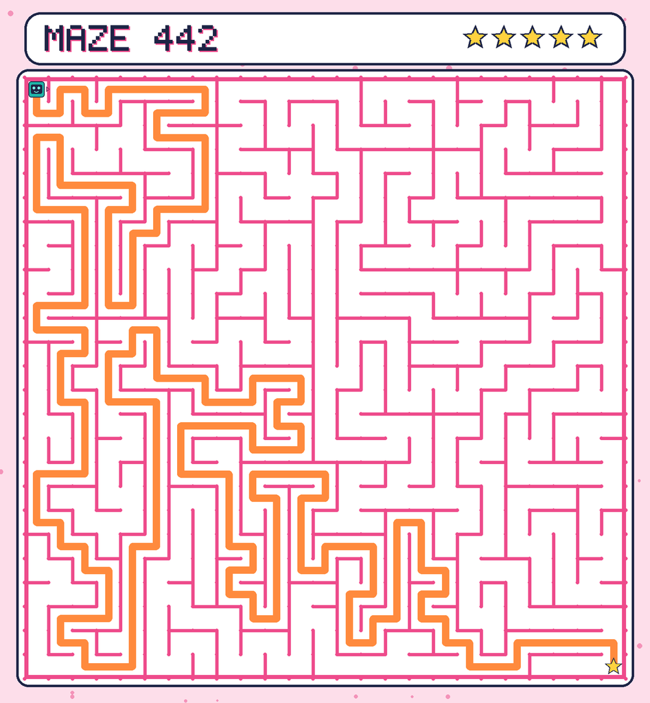 The solved maze 442 with the route drawn as an orange line.