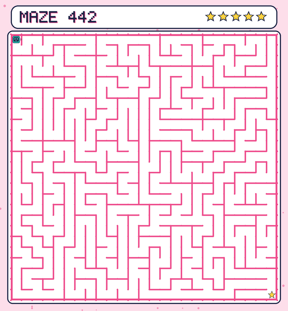 Maze 442. Beep starts in the top-left corner. The gold star is in the bottom-right corner.