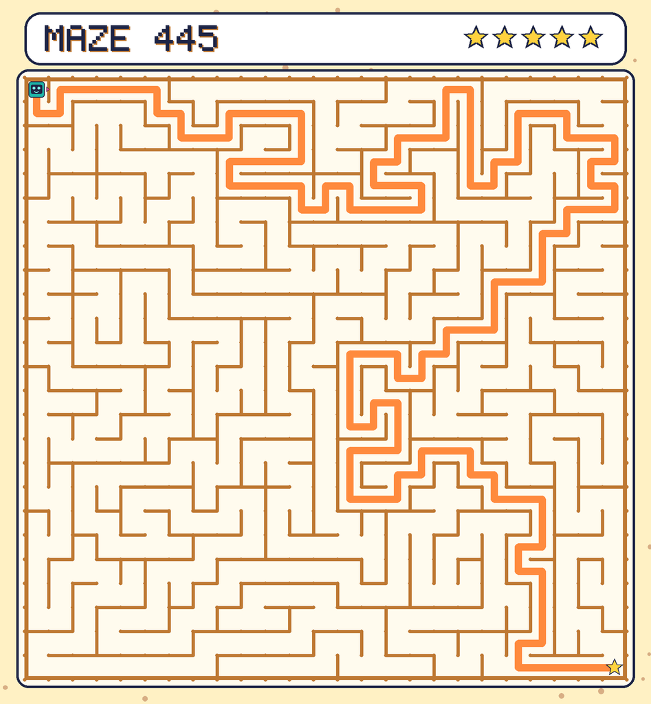 The solved maze 445 with the route drawn as an orange line.