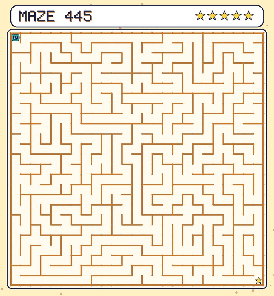 Maze 445. Beep starts in the top-left corner. The gold star is in the bottom-right corner.