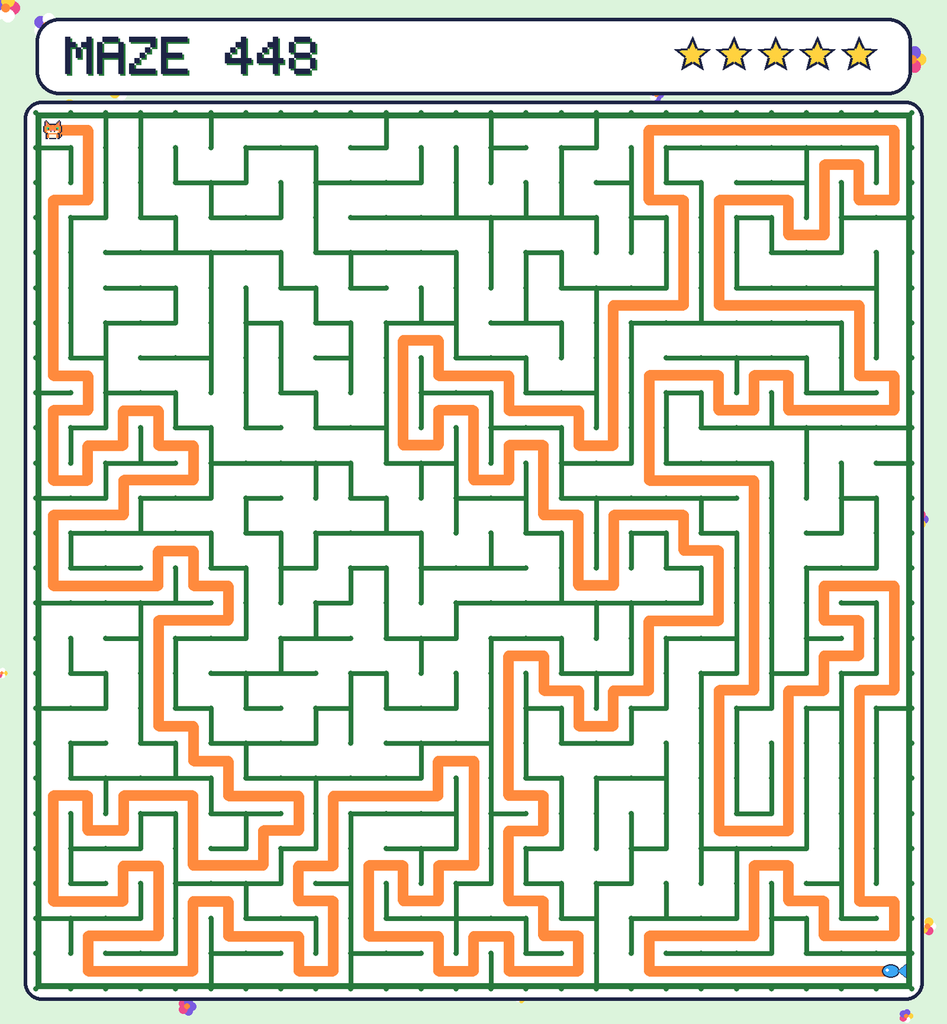 The solved maze 448 with the route drawn as an orange line.