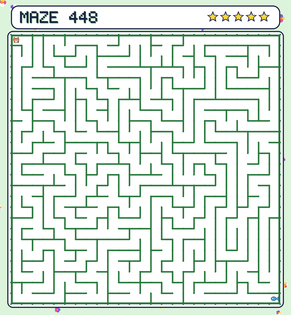 Maze 448. Pixel starts in the top-left corner. The fish is in the bottom-right corner.
