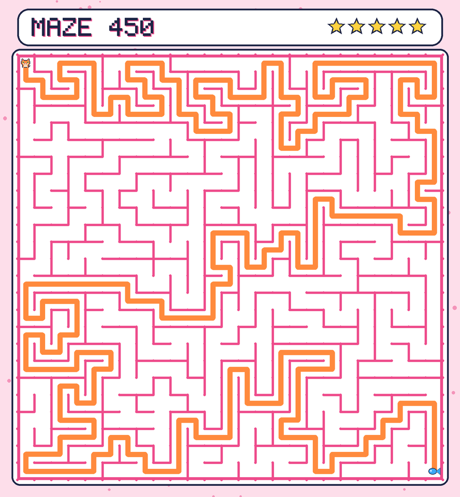 The solved maze 450 with the route drawn as an orange line.