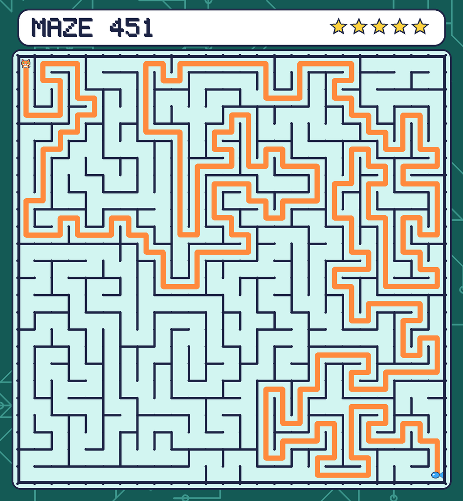 The solved maze 451 with the route drawn as an orange line.