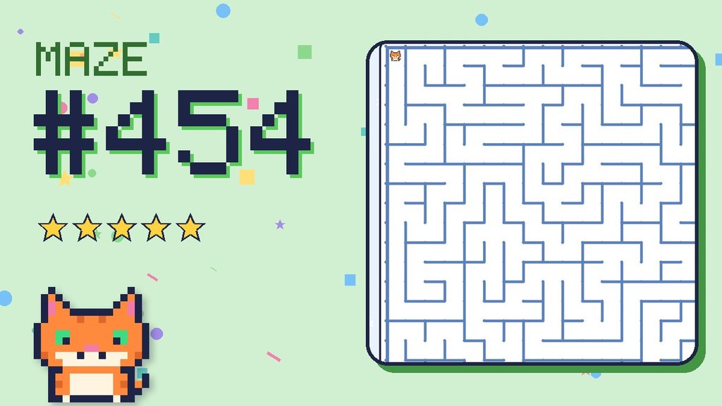 Maze 454 card: a corner of the snowy mountain maze with Pixel
