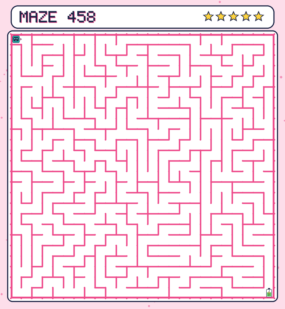 Maze 458. Beep starts in the top-left corner. The battery is in the bottom-right corner.