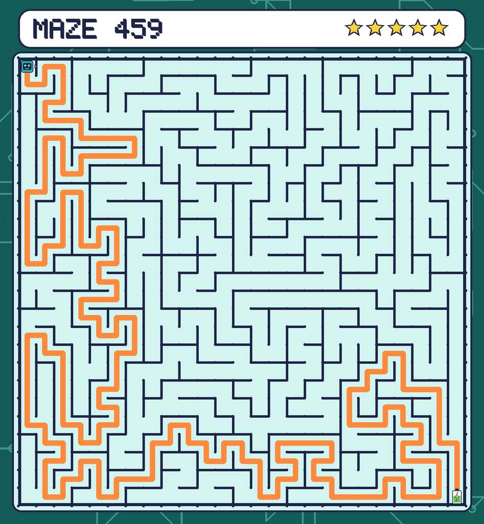 The solved maze 459 with the route drawn as an orange line.