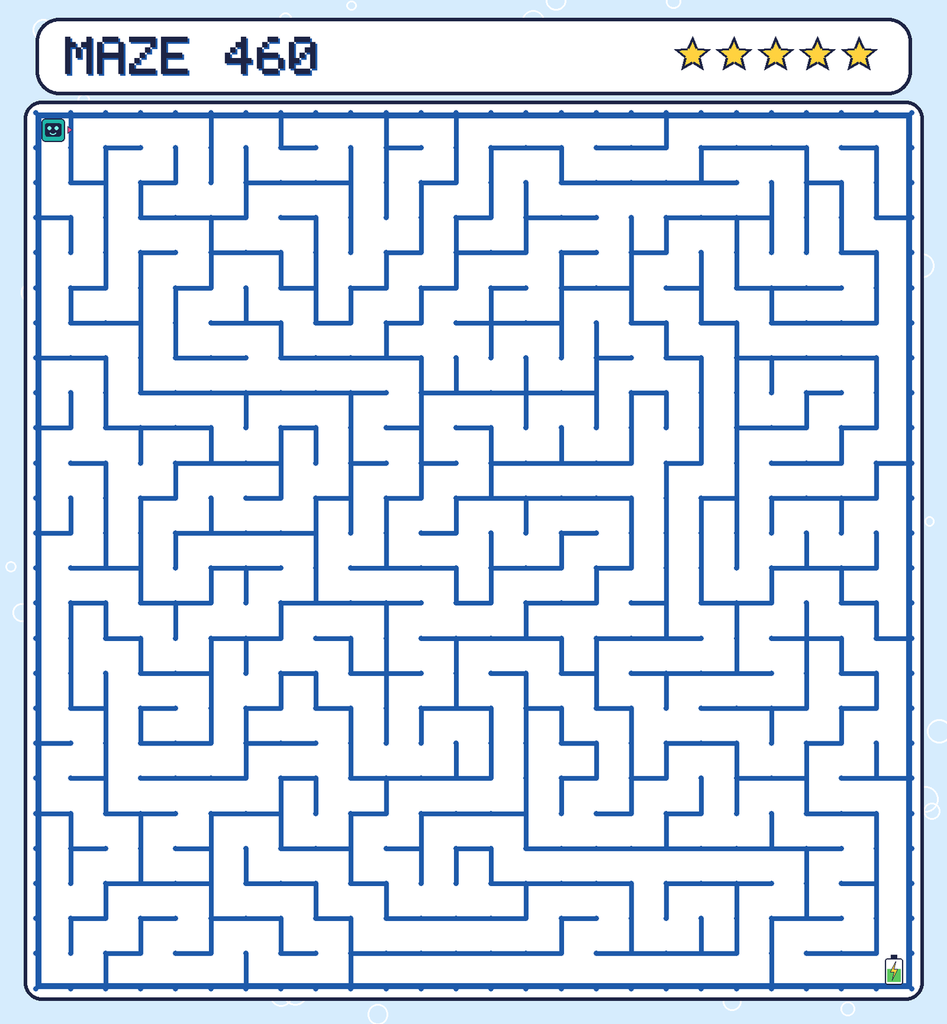 Maze 460. Beep starts in the top-left corner. The battery is in the bottom-right corner.