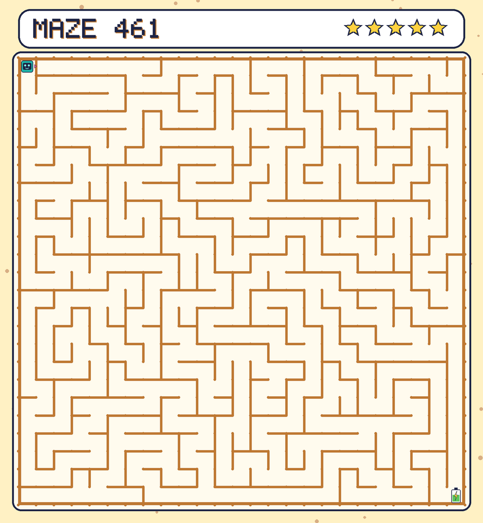 Maze 461. Beep starts in the top-left corner. The battery is in the bottom-right corner.