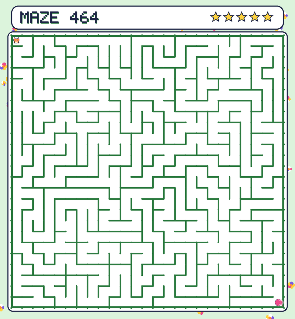 Maze 464. Pixel starts in the top-left corner. The ball of yarn is in the bottom-right corner.