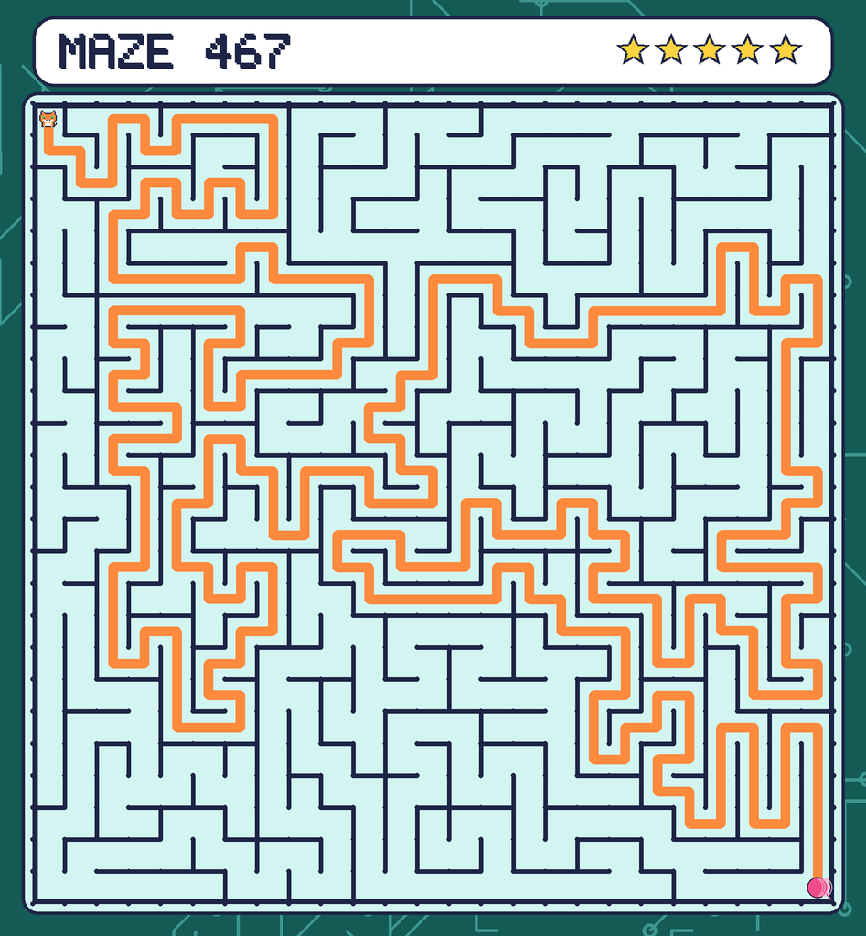 The solved maze 467 with the route drawn as an orange line.