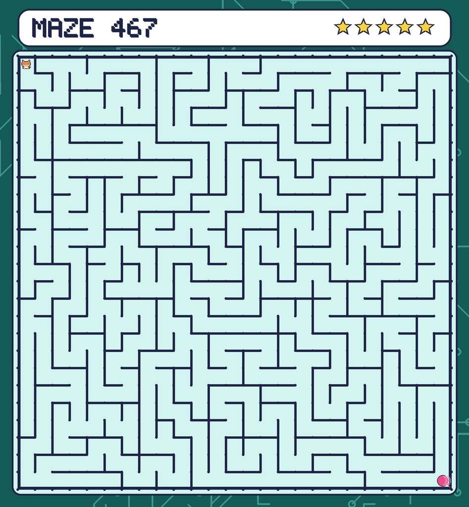 Maze 467. Pixel starts in the top-left corner. The ball of yarn is in the bottom-right corner.