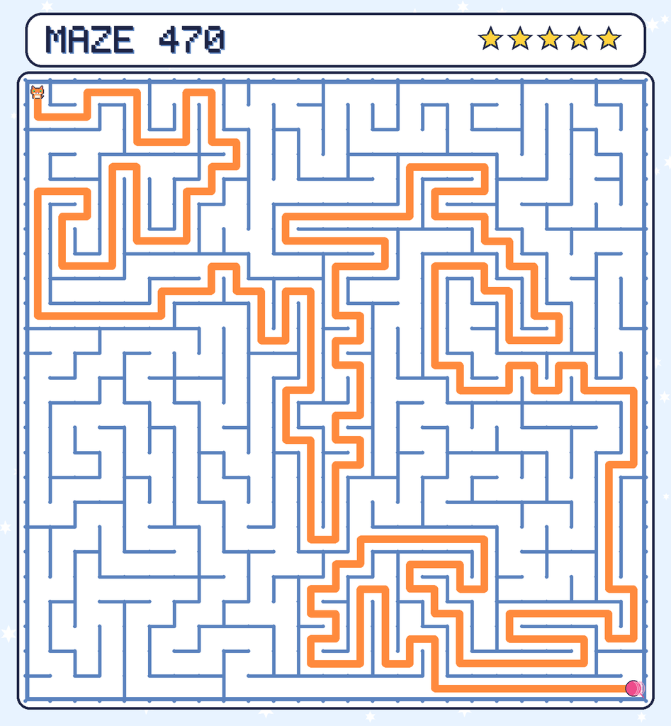 The solved maze 470 with the route drawn as an orange line.