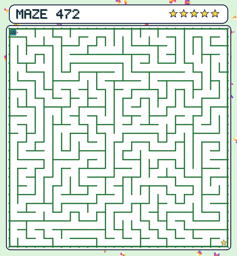 Maze 472. Beep starts in the top-left corner. The gold star is in the bottom-right corner.