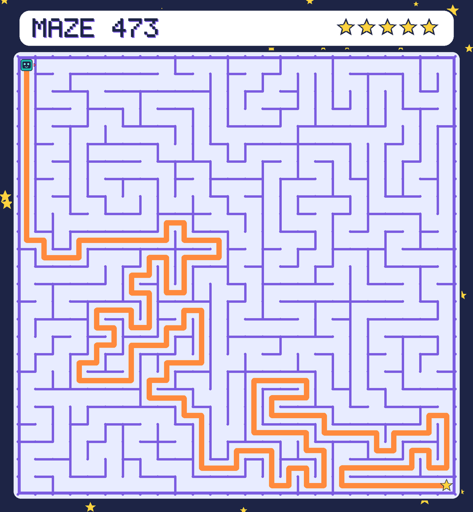 The solved maze 473 with the route drawn as an orange line.