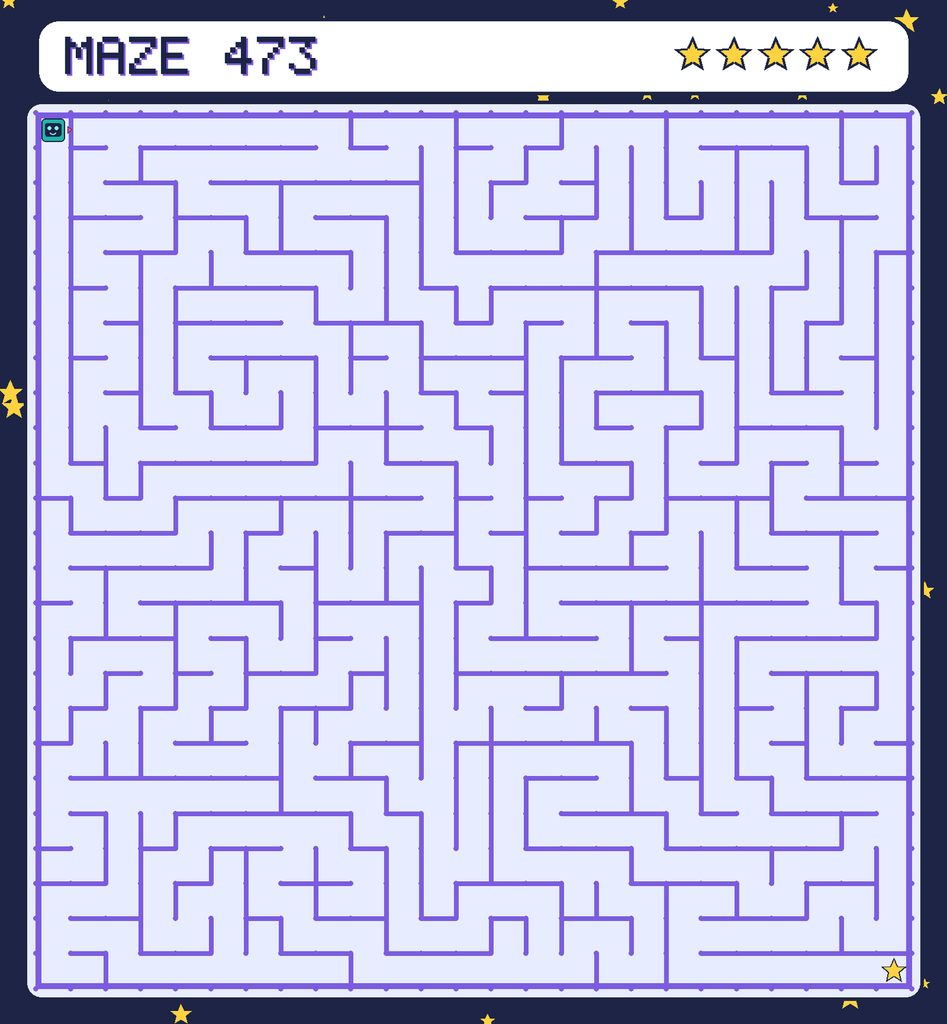 Maze 473. Beep starts in the top-left corner. The gold star is in the bottom-right corner.
