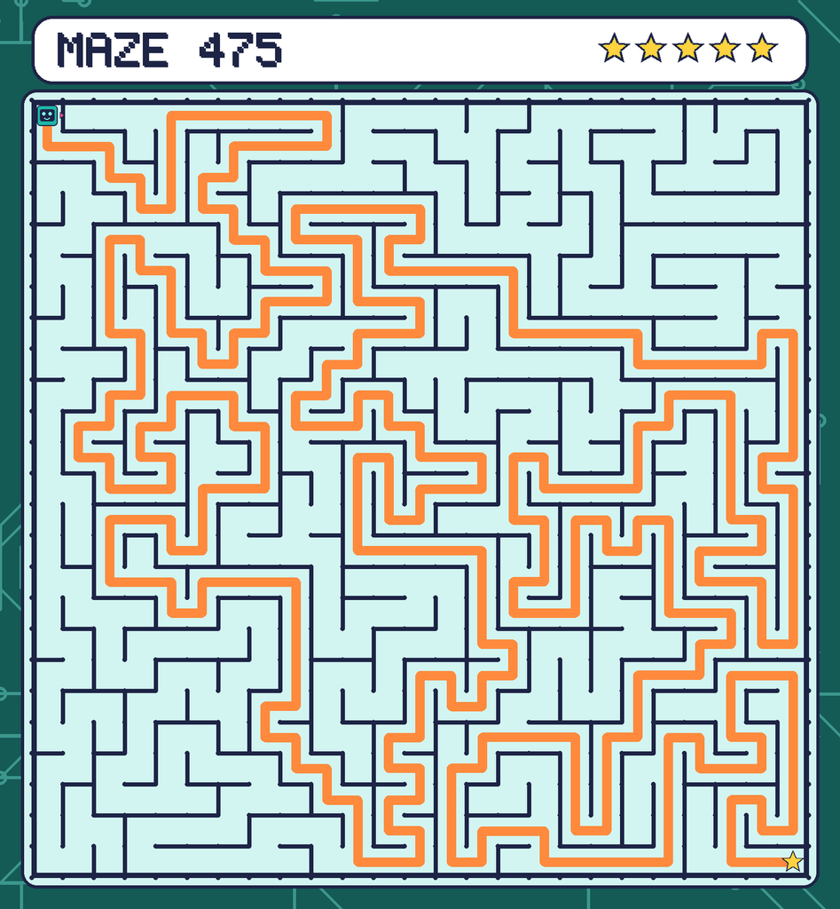 The solved maze 475 with the route drawn as an orange line.