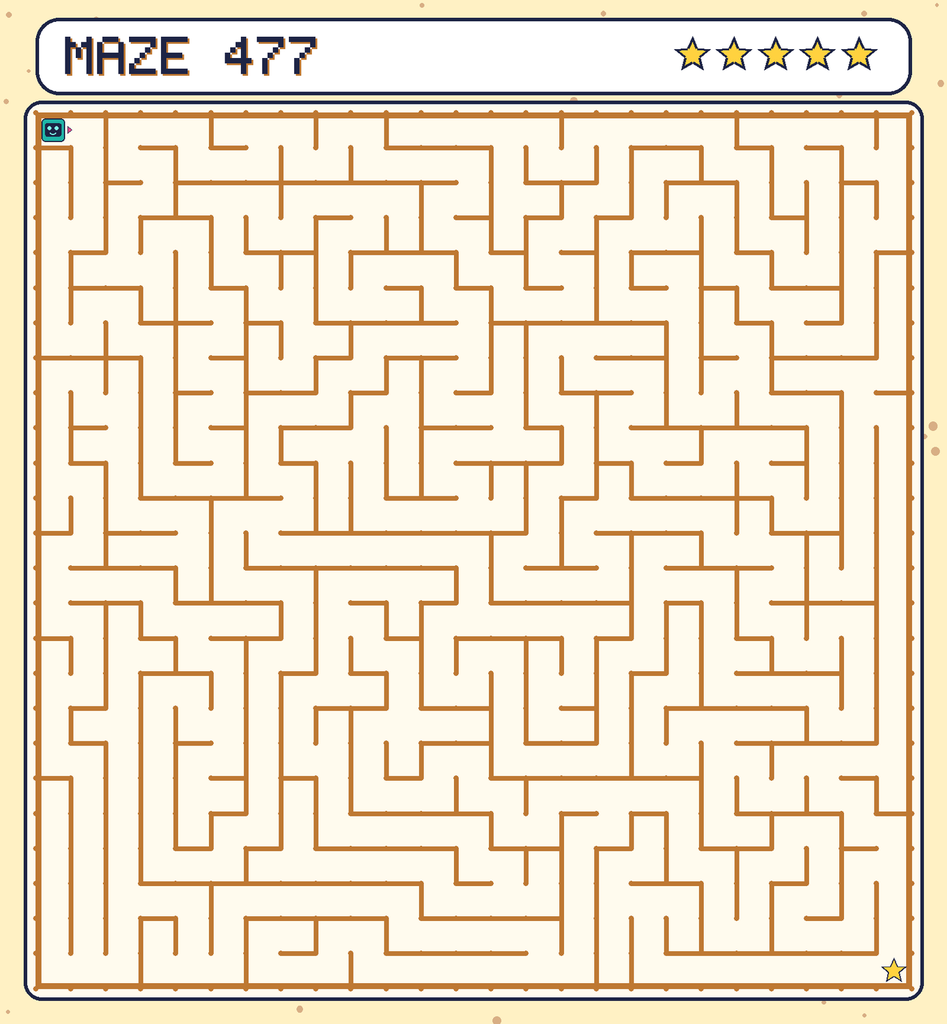 Maze 477. Beep starts in the top-left corner. The gold star is in the bottom-right corner.
