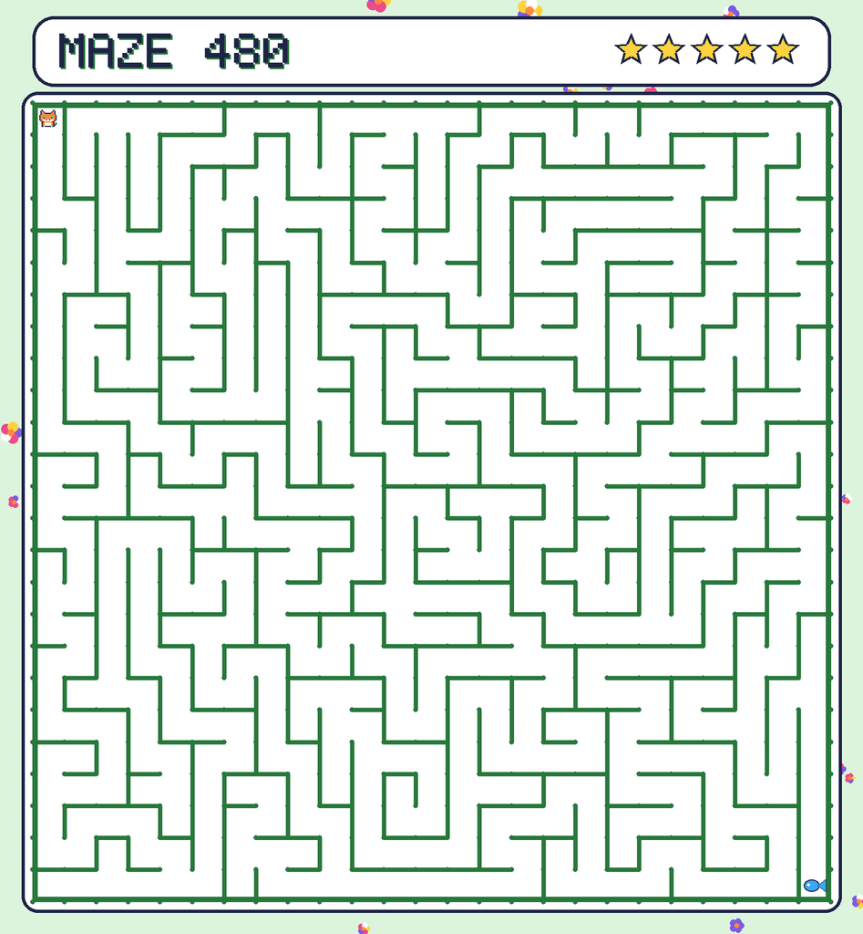 Maze 480. Pixel starts in the top-left corner. The fish is in the bottom-right corner.