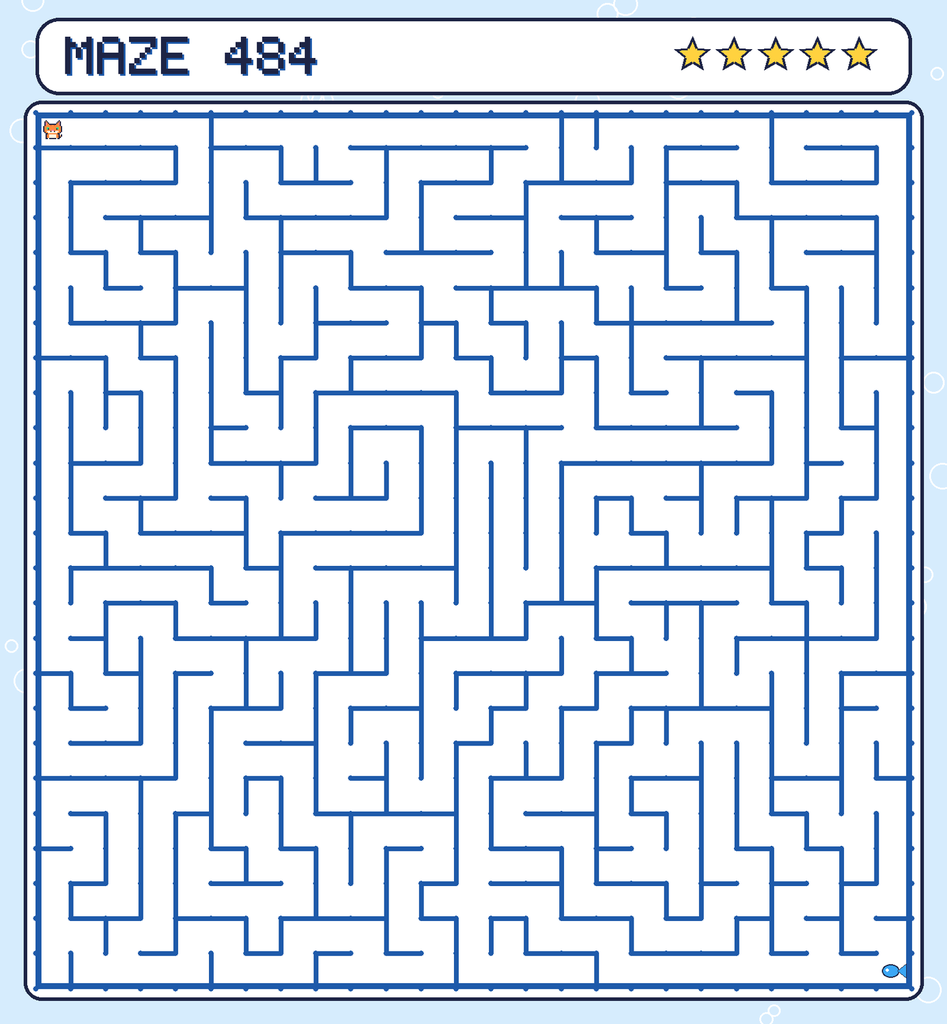 Maze 484. Pixel starts in the top-left corner. The fish is in the bottom-right corner.