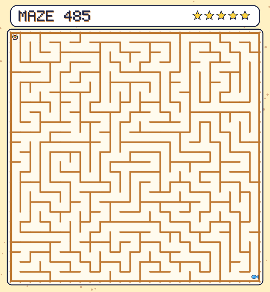 Maze 485. Pixel starts in the top-left corner. The fish is in the bottom-right corner.