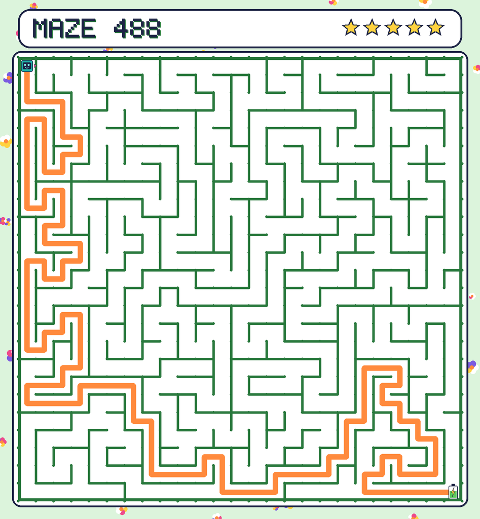 The solved maze 488 with the route drawn as an orange line.