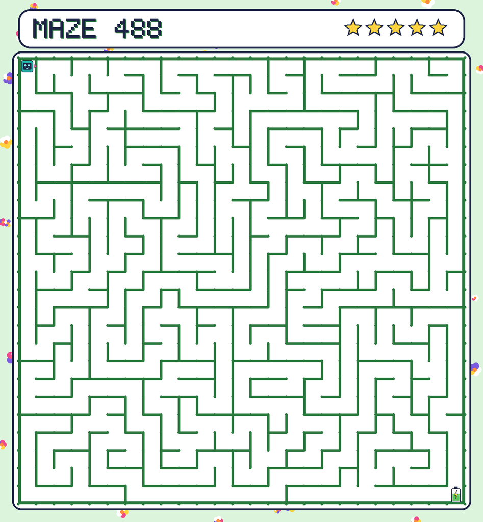 Maze 488. Beep starts in the top-left corner. The battery is in the bottom-right corner.