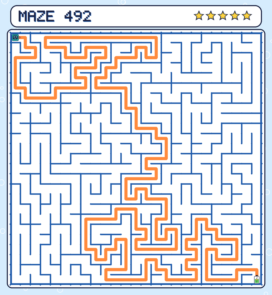 The solved maze 492 with the route drawn as an orange line.