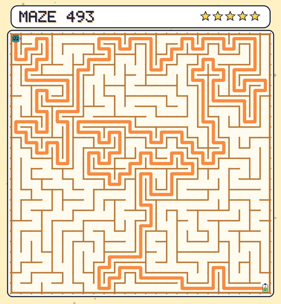 The solved maze 493 with the route drawn as an orange line.