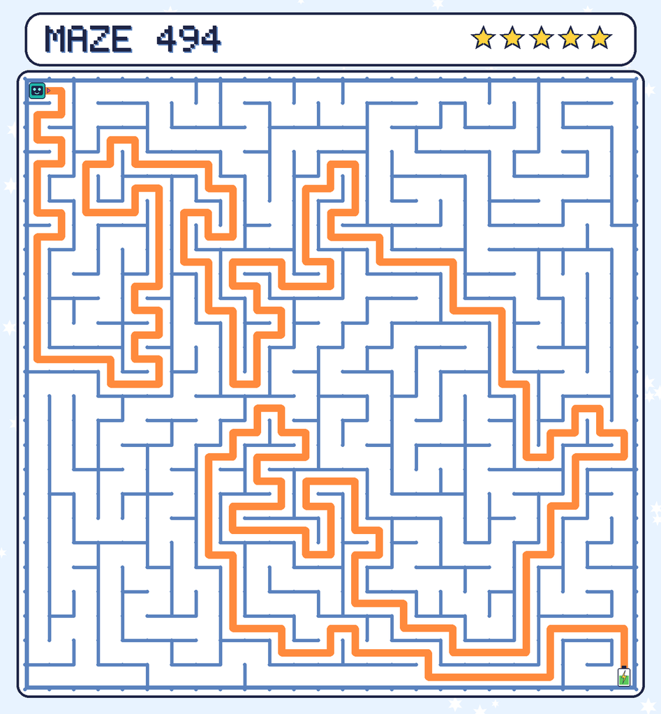 The solved maze 494 with the route drawn as an orange line.