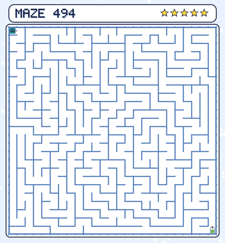 Maze 494. Beep starts in the top-left corner. The battery is in the bottom-right corner.