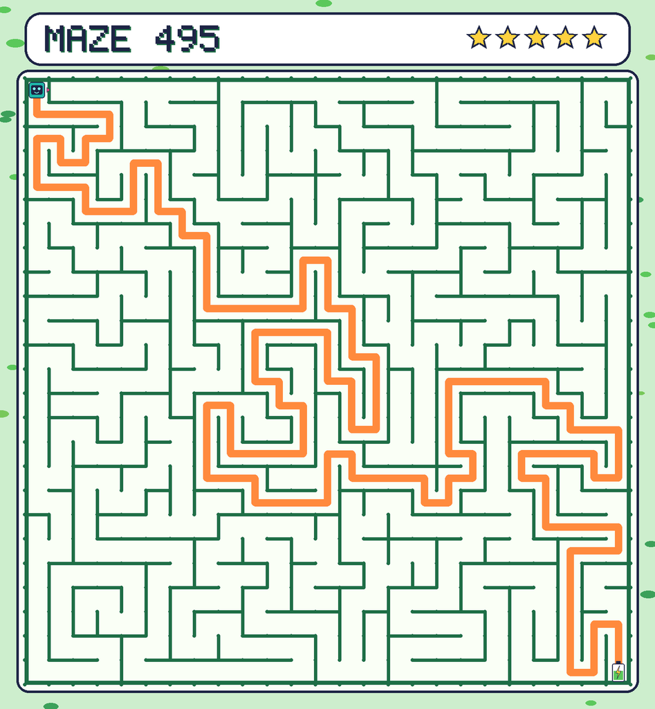The solved maze 495 with the route drawn as an orange line.