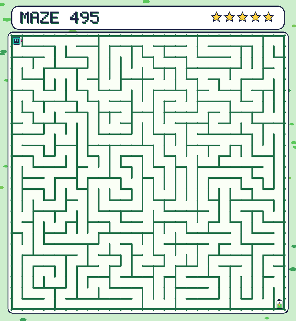 Maze 495. Beep starts in the top-left corner. The battery is in the bottom-right corner.