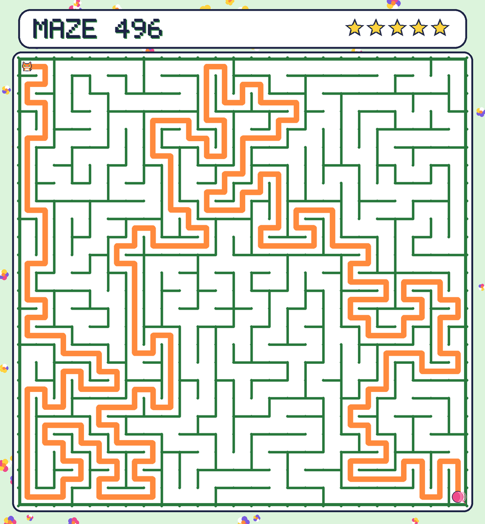 The solved maze 496 with the route drawn as an orange line.