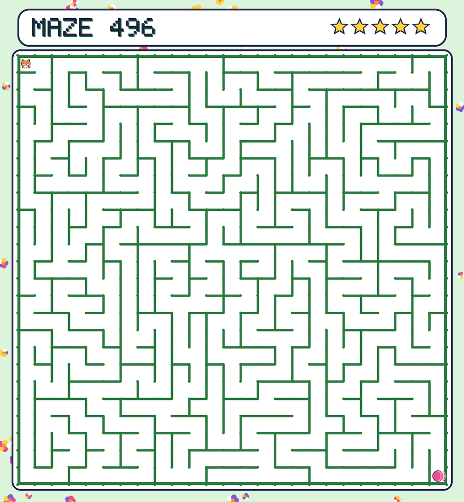 Maze 496. Pixel starts in the top-left corner. The ball of yarn is in the bottom-right corner.