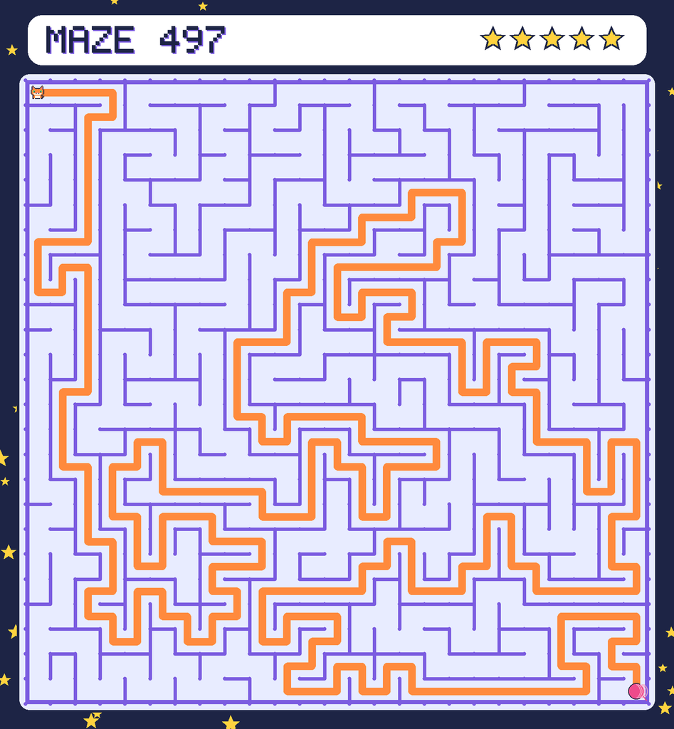 The solved maze 497 with the route drawn as an orange line.