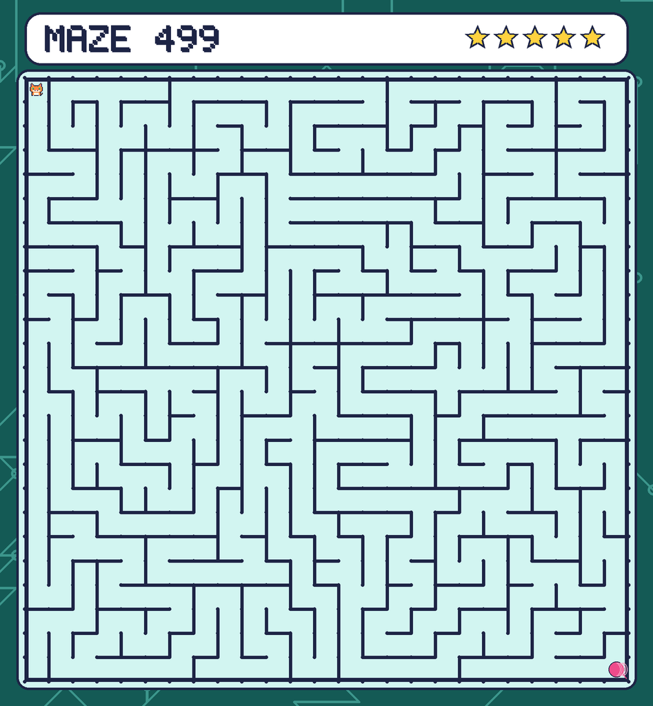 Maze 499. Pixel starts in the top-left corner. The ball of yarn is in the bottom-right corner.