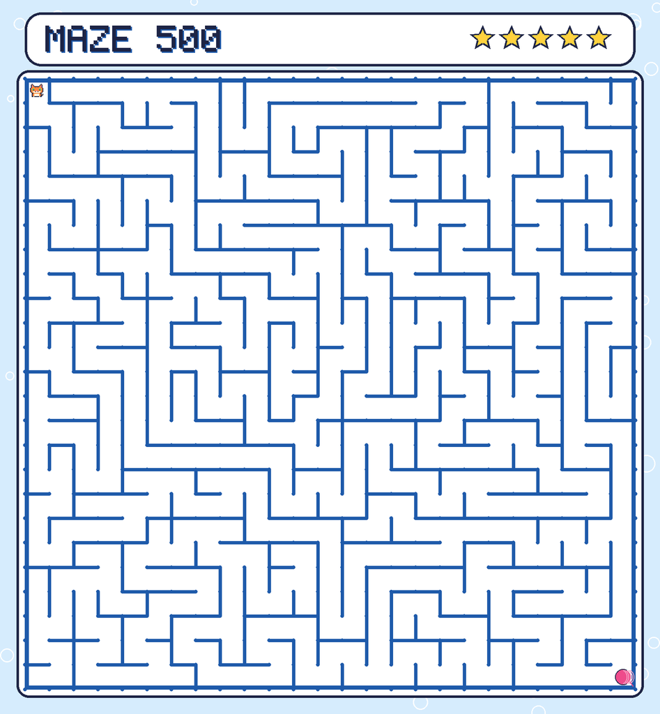 Maze 500. Pixel starts in the top-left corner. The ball of yarn is in the bottom-right corner.