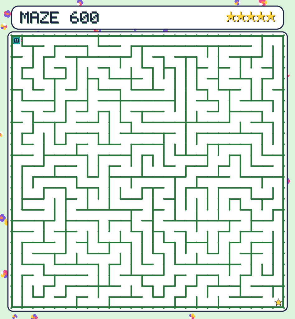 Maze 600. Beep starts in the top-left corner. The gold star is in the bottom-right corner.