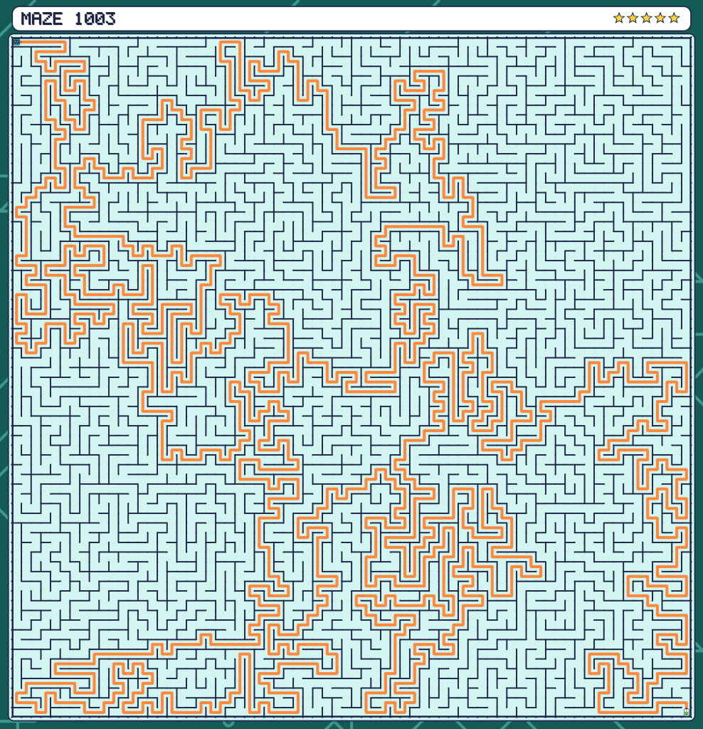 A giant 70 by 70 circuit board maze with its solution drawn in orange